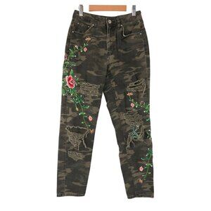 TOPSHOP Moto Women's High Waist Floral Embroidered Distressed Camo Mom Jeans 26